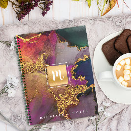 Marmer waterverf goud paars blauw groen monogram notitieboek