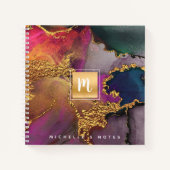 Marmer waterverf goud paars blauw monogram vierkan notitieboek (Voorkant)