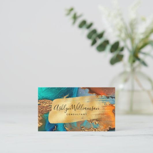 Marmer waterverf goud turquoise modern script visitekaartje (Staand voorkant)