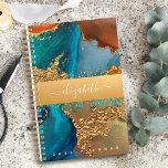 Marmer waterverf goud turquoise sinaasappel script planner<br><div class="desc">Een sparkly, faux gouden folie band met uw manuscript typografie de naam bedekt een rijke, goudgroen, turquoise blauw, en gele oranje achtergrond van de waterverf op deze chemische, elegante, trendy, de jaarplanner van de douanenaam. Personaliseer met jouw naam. Deze planner bestaat uit twee formaten: klein (5, 5 x 8, 5...</div>