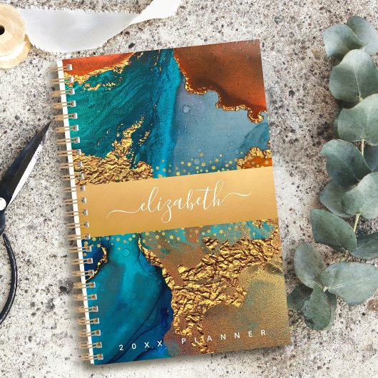 Marmer waterverf goud turquoise sinaasappel script planner