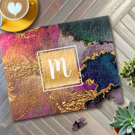 Marmer waterverf, goudgroen paars-blauw monogram legpuzzel