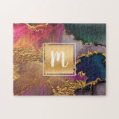 Marmer waterverf, goudgroen paars-blauw monogram legpuzzel (Horizontaal)