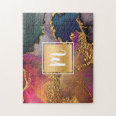 Marmer waterverf, goudgroen paars-blauw monogram legpuzzel (Verticaal)