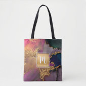 Marmer waterverf, goudgroen paars-blauw monogram tote bag (Voorkant)