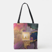 Marmer waterverf, goudgroen paars-blauw monogram tote bag (Achterkant)