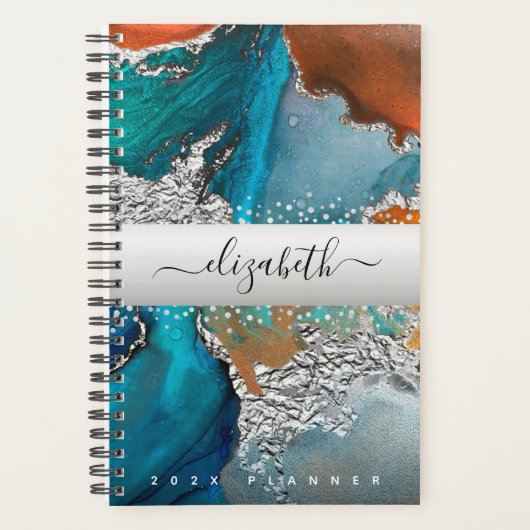 Marmer waterverf zilver turquoise sinaasappel scri planner (Voorkant)