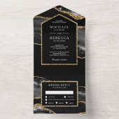 Marmer Wedding Black and Gold Agate All In One Uitnodiging (Binnen)