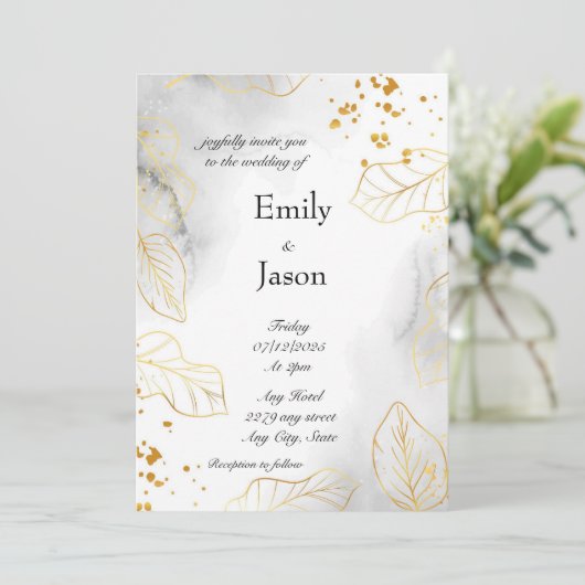 Marmer Wedding Invitation Golden Leaves Kaart (Staand voorkant)
