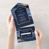 Marmer Wedding van Navy Blue en Gold Agate All In One Uitnodiging (Afscheurbaar)
