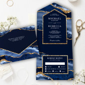 Marmer Wedding van Navy Blue en Gold Agate All In One Uitnodiging