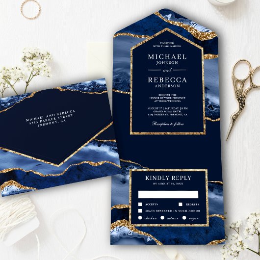 Marmer Wedding van Navy Blue en Gold Agate All In One Uitnodiging