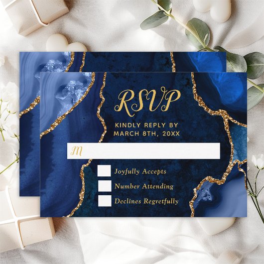 Marmer Wedding van Navy Blue en Gold Agate RSVP Kaartje