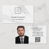 Marmer white monogram foto Qr code logo elegant Visitekaartje (Voorkant / Achterkant)