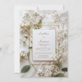 Marmer Witte Baby's Breath Minimalistische Trouwda Kaart