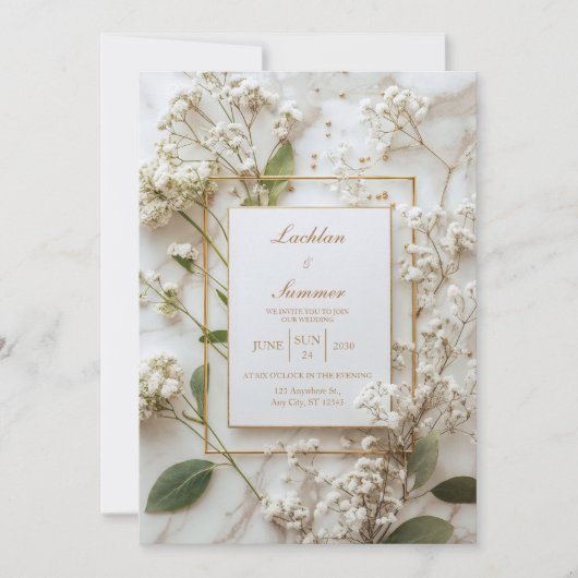 Marmer Witte Baby's Breath Minimalistische Trouwda Kaart (Voorkant)