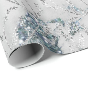 Marmer Zilver Grijs Blauw Aqua Bloemen Foliën Laur Cadeaupapier