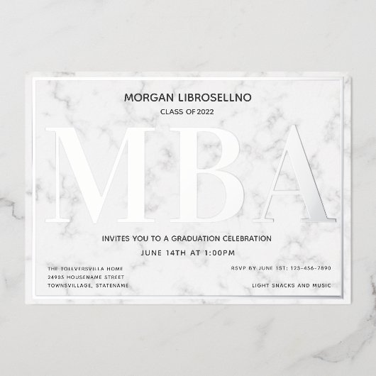 Marmer Zilver MBA Afstuderen Folie Uitnodiging (Voorkant)