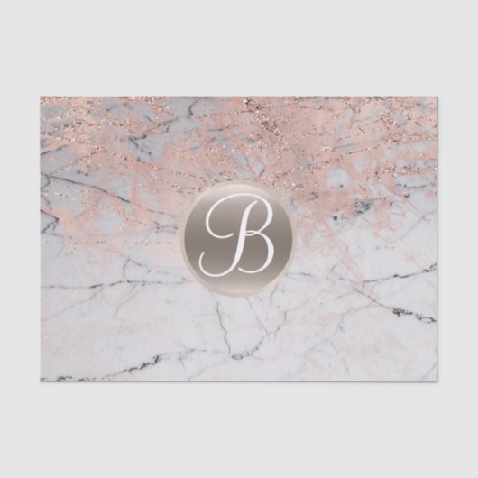 Marmer Zilver & Roze Goud Monogram Letter Initiaal Tissuepapier (Voorkant)