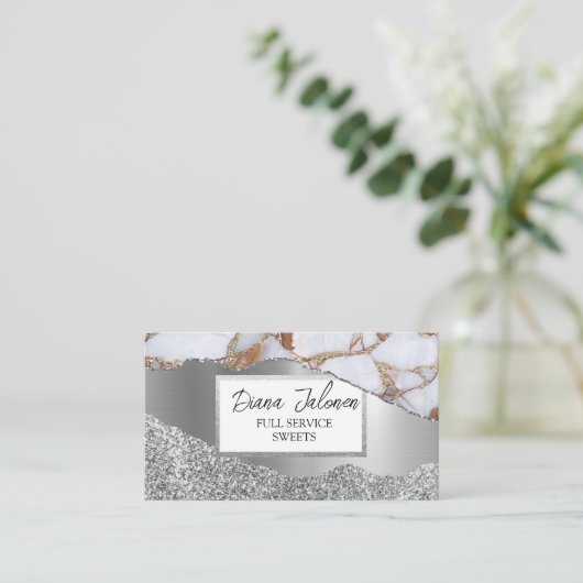 Marmer Zilveren Glitter Vrouwen DIY Beauty Visitekaartje (Staand voorkant)
