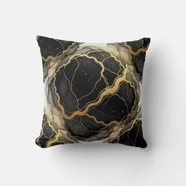 Marmer Zwart en Wit + Goud Luxe  Kussen (Voorkant)