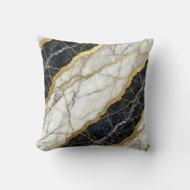 Marmer Zwart en Wit + Goud Luxe  Kussen (Voorkant)