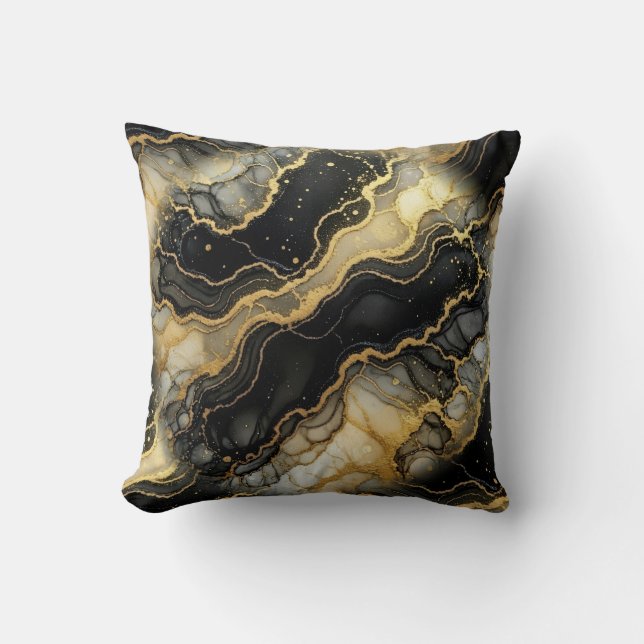 Marmer Zwart en Wit + Goud Luxe  Kussen (Voorkant)