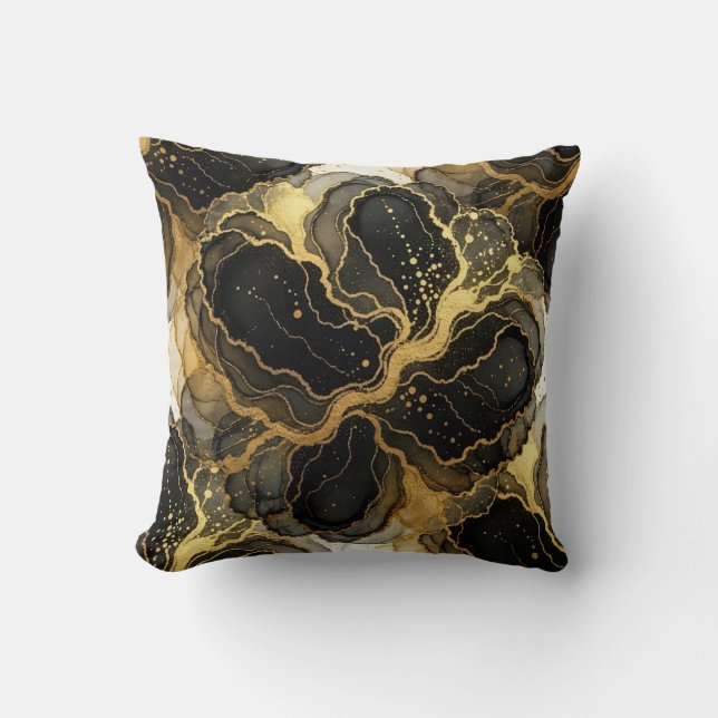 Marmer Zwart en Wit + Luxe Goud  Kussen (Voorkant)