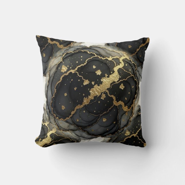 Marmer Zwart en Wit + Luxe Goud  Kussen (Voorkant)