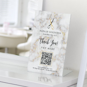 Marmer Zwart Goud Schaar QR Code Betaal Hier Reclamebord Met Voetstuk