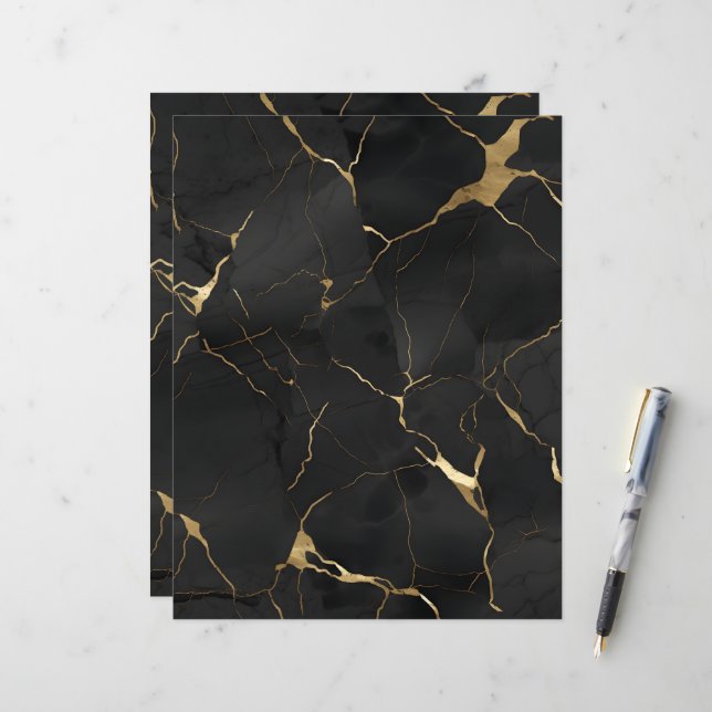 Marmer Zwart Goud Scrapbook Papier (Voorkant / Achterkant in situ)