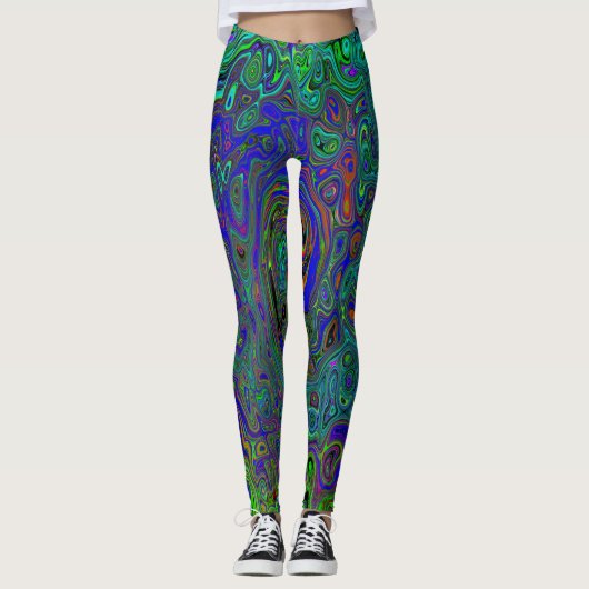 Marmerblauw en aquamarine Abstract Retro Swirl Leggings (Voorkant)