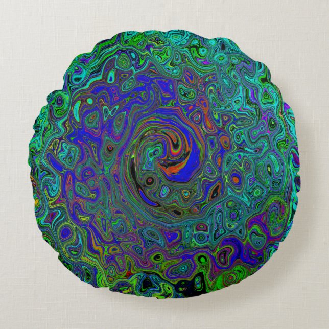 Marmerblauw en aquamarine Abstract Retro Swirl Rond Kussen (Voorkant)
