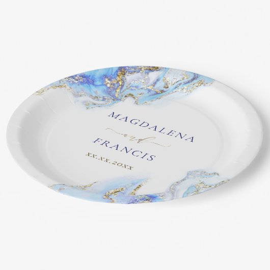 marmerbruiloft met blauwe inkt papieren bordje (Gekanteld)