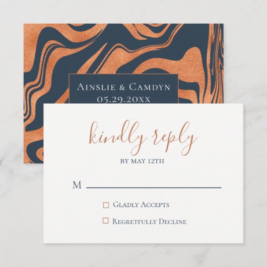 Marmerde Copper Navy Blue Wedding RSVP Kaart (Voorkant / Achterkant)