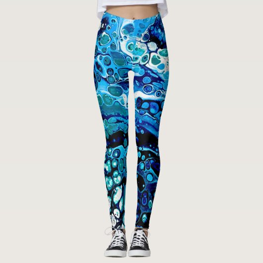 Marmered Abstract Blauw Vloeibaar Water Kleur Legg Leggings (Voorkant)