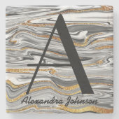 Marmered Black White en Glitter Gold Monogram Naam Stenen Onderzetter (Voorkant)