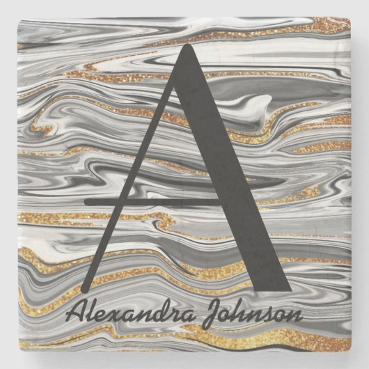Marmered Black White en Glitter Gold Monogram Naam Stenen Onderzetter (Voorkant)
