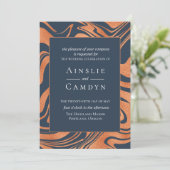 Marmered Copper Navy Blue Huwelijksuitnodiging Kaart (Staand voorkant)