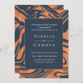 Marmered Copper Navy Blue Huwelijksuitnodiging Kaart (Voorkant / Achterkant)