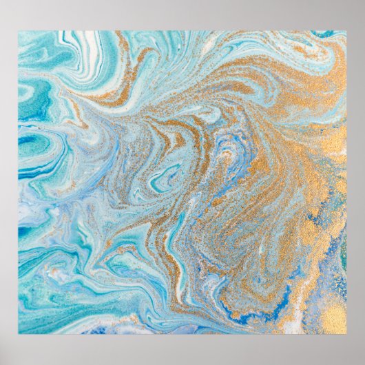 Marmeren acryl achtergrond, blauw met gouden glitt poster (Voorkant)