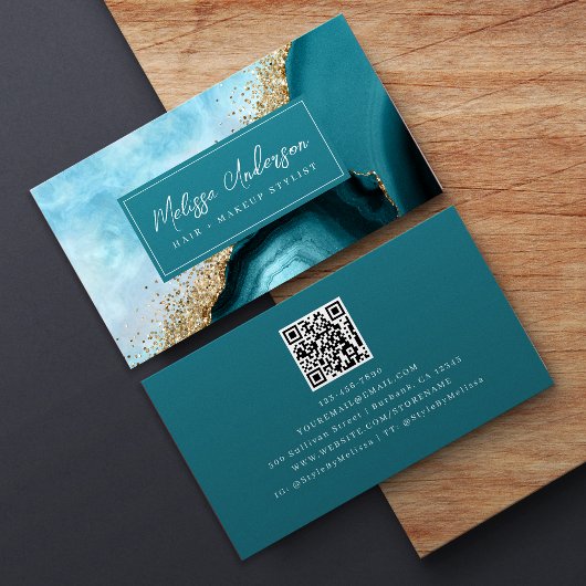 Marmeren Agaat Blauwgroen Gouden Glitter QR Code Visitekaartje