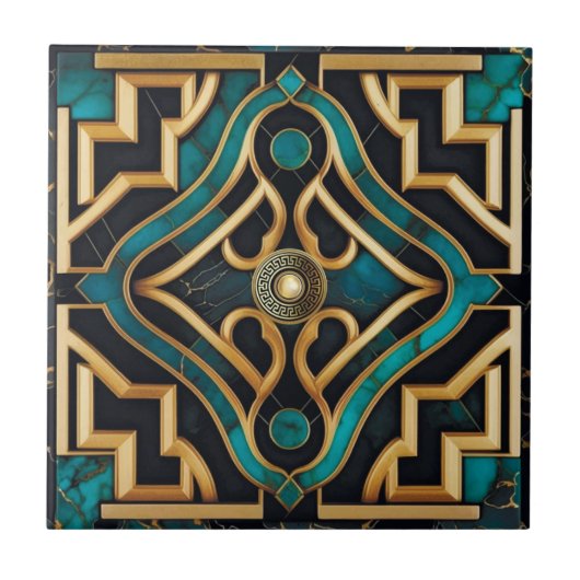 Marmeren Art Deco Grieks Zee Groen Goud Mandala Tegeltje (Voorkant)