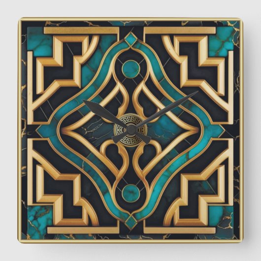 Marmeren Art Deco Griekse Groene Gouden Mandala Lu Vierkante Klok (Voorkant)