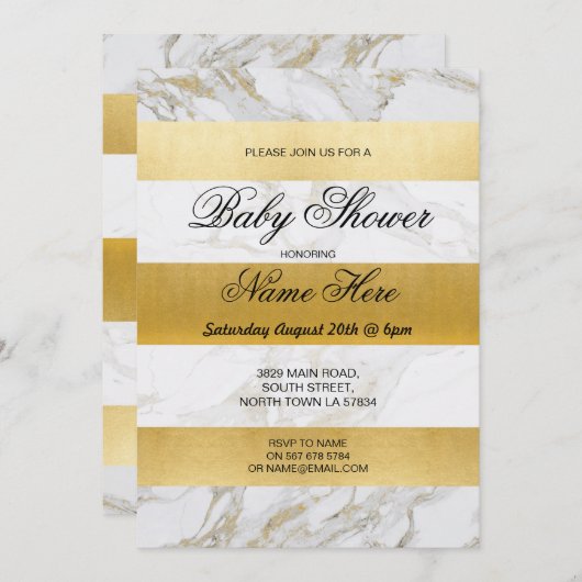 Marmeren Baby shower Nodig Stripe White Gold Party Kaart (Voorkant / Achterkant)