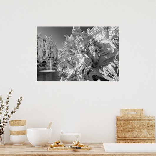 Marmeren beeldfontein in Italiaans piazza B&W foto Poster (Keuken)