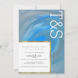 Marmeren Blauwe Golf Strand Typografie Trouwfeest Kaart