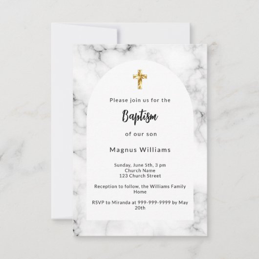 Marmeren boog gouden kruis doop kaart (Voorkant)