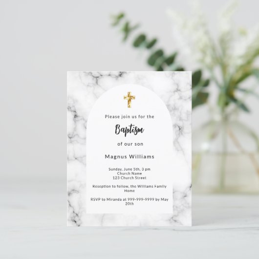 Marmeren boog gouden kruis doop uitnodiging (Staand voorkant)