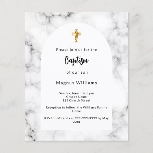 Marmeren boog gouden kruis doop uitnodiging (Voorkant)